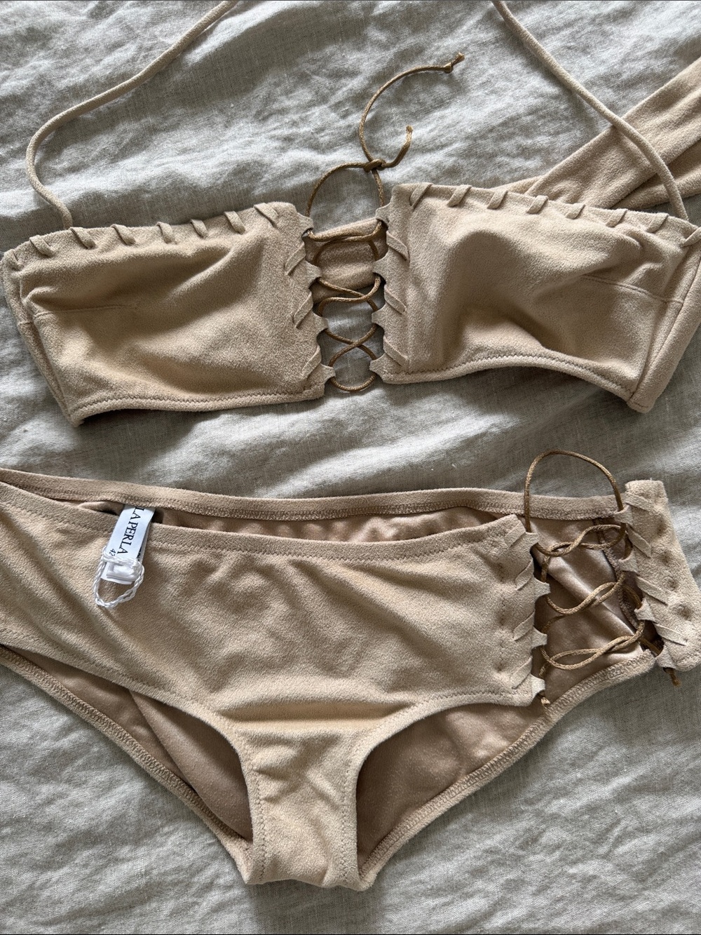 La Perla Neutral Lace-Up Bandeau Bikini Swimsuit Set - Tan size 42 - Picture 2 of 5